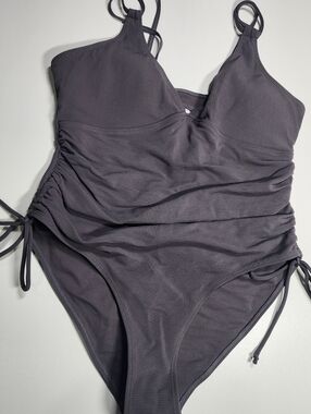Gray Ribbed One-Piece Swimsuit Adjustable Straps & Tie Sides Cutout Back, Size L